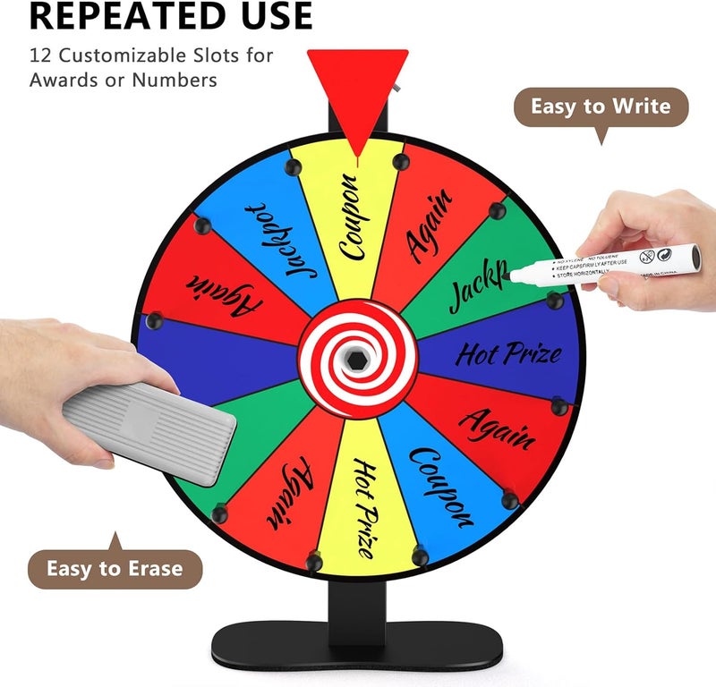 Retbtnm 12-Inch Color Prize Wheel, 12 Slot Editable Spinning Wheel with Dry Erase Board & Marker for Parties, Carnivals, Tradeshow Booths, Classroom Games​ - Image 4